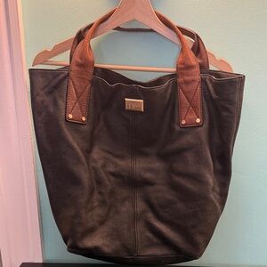 Diane Von Furstenberg Black Leather Tote with Brown Handles